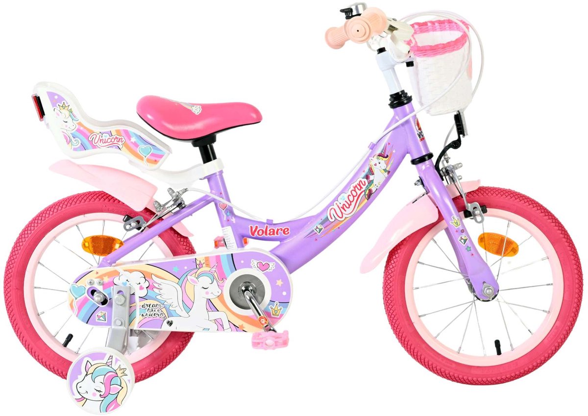 Vélo enfant licorne Volare - filles - 14 pouces - violet - deux freins à main