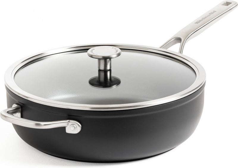 Kitchenaid sauteuse forgée durcie 28 cm - revêtement antiadhésif sans PFA - sauteuse induction - poêle en céramique - passe au four jusqu'à 160°c - poignées froides - avec couvercle en verre - noir