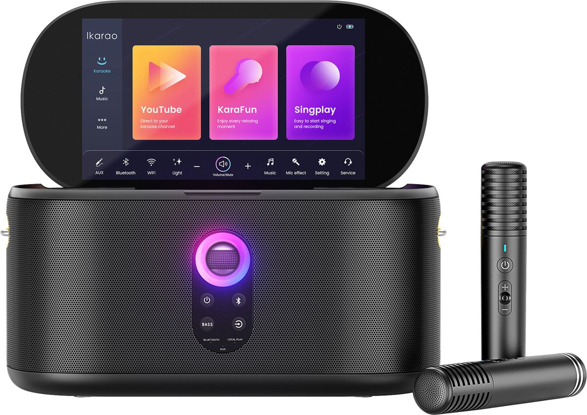 Kit karaoké Ikarao pour adulte - shell s1 - 2 micros sans fil - 180w - application karaoké gratuite 6 mois - écran HD - noir