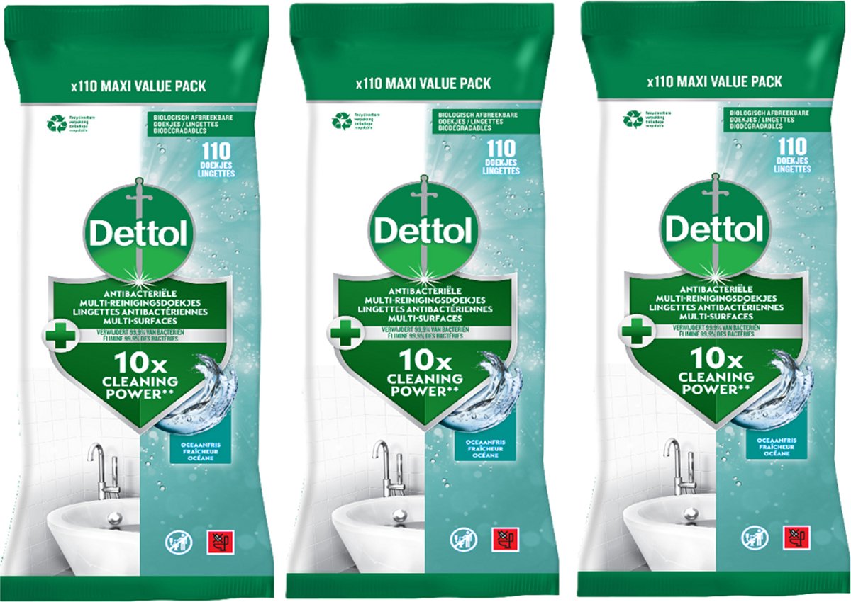 Dettol lingettes antibactériennes multi-surfaces océan - 3 x 110 pièces - pack économique