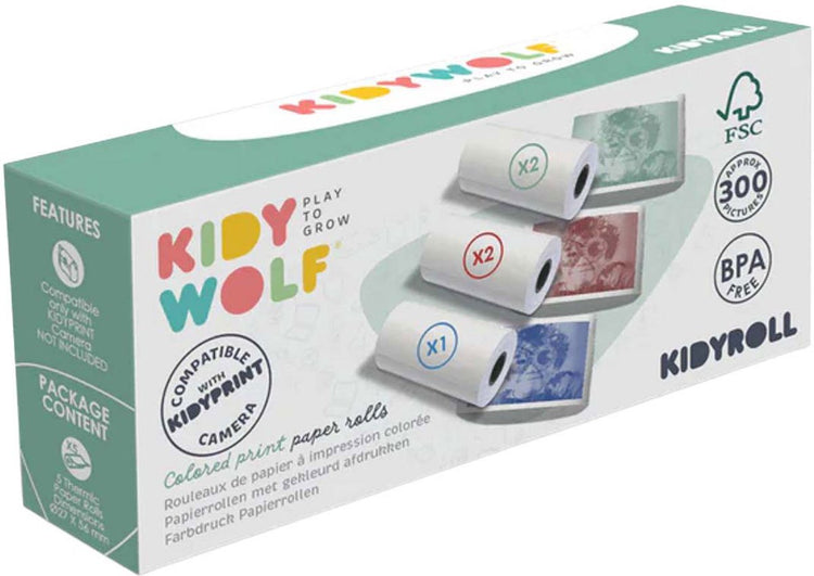 Kidywolf kidyroll papier thermique coloré pour kidyprint k-print – 5 rouleaux, 300 impressions, recharge pour appareil photo instantané pour enfants