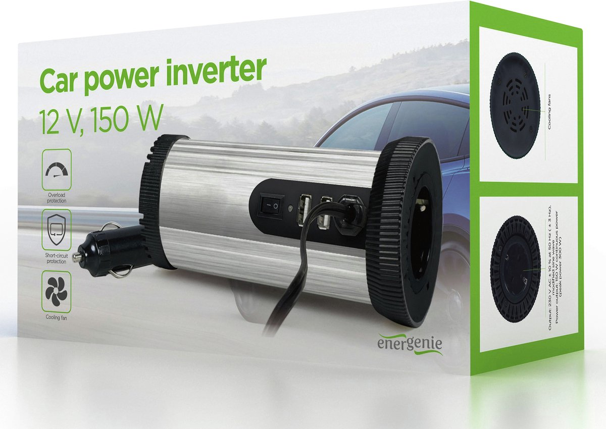 Onduleur voiture Energienie - entrée 11v - 15v - sortie 230v - 150 watts