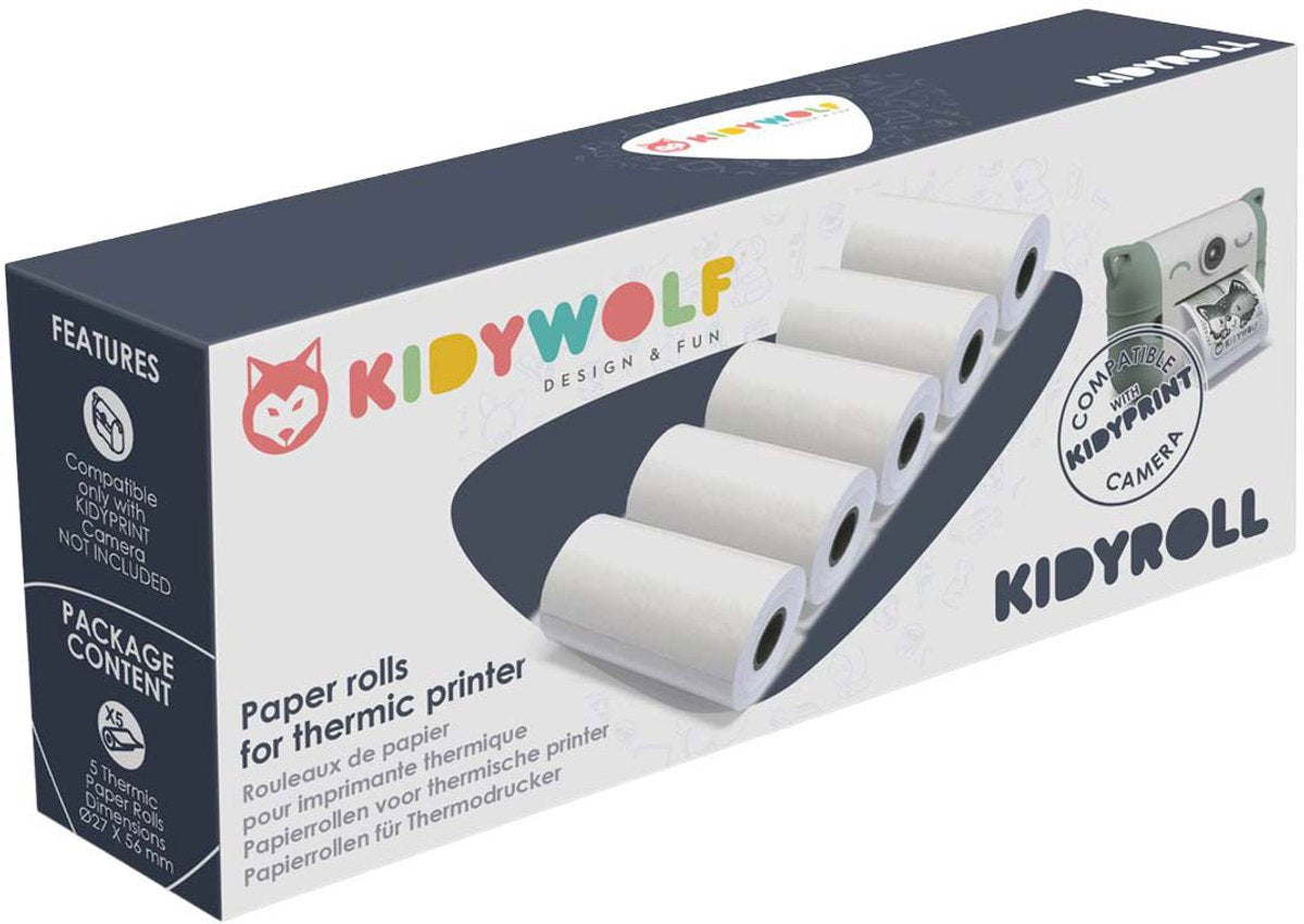 Kidywolf kidyroll papier thermique classique pour kidyprint k-print – 5 rouleaux, 300 impressions, recharge pour appareil photo instantané pour enfants