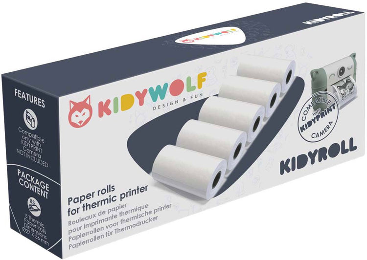 Kidywolf kidyroll papier thermique classique pour kidyprint k-print – 5 rouleaux, 300 impressions, recharge pour appareil photo instantané pour enfants