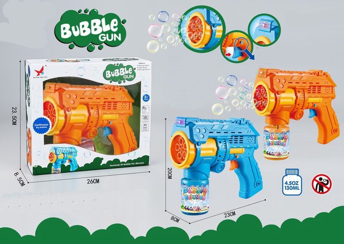 Pistolet à bulles Amuuso 23 cm avec son + souffleur à bulles 130 ml.