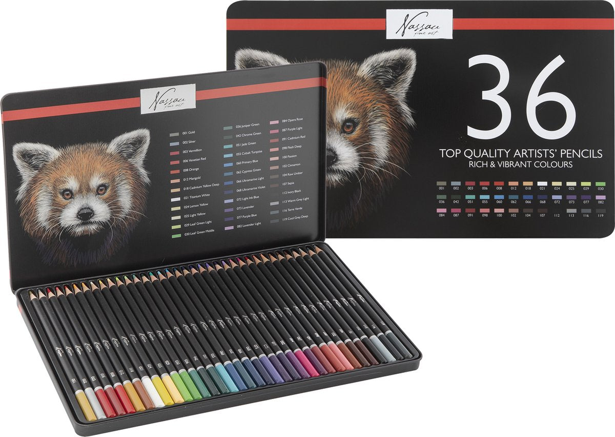Crayons de couleur professionnels Nassau Fine Art 36 pièces - Couleurs riches et vibrantes - Code couleur numéroté - Feuille de test de couleur incluse - Boîte de rangement robuste