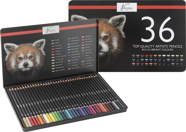 Crayons de couleur professionnels Nassau Fine Art 36 pièces - Couleurs riches et vibrantes - Code couleur numéroté - Feuille de test de couleur incluse - Boîte de rangement robuste