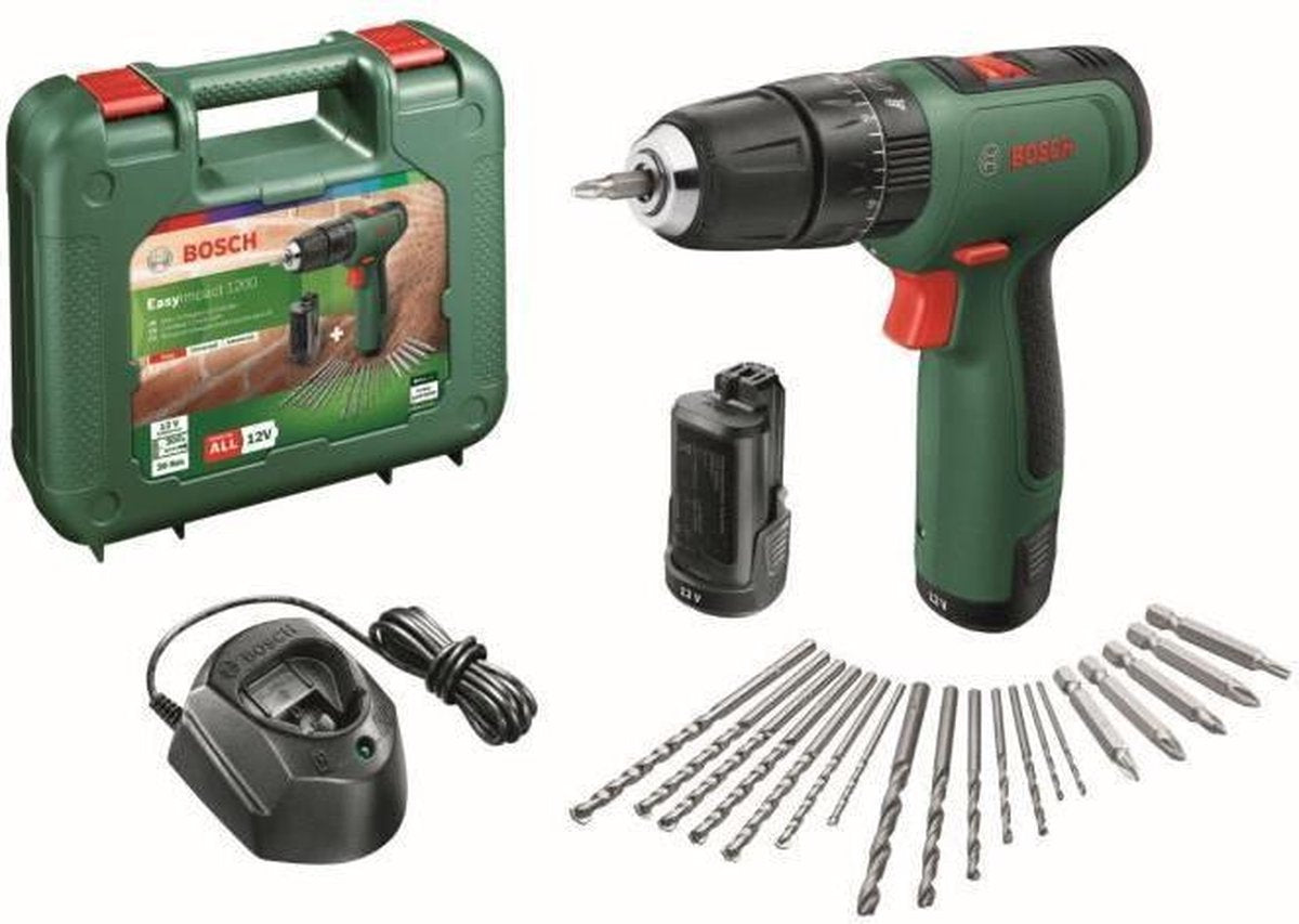 diablotin bosch vert easyact 1200 | visseuse-perceuse à percussion sans fil | 2 postes | 12v | 2x batterie 1,5 Ah + chargeur | en mallette de transport - 06039d3105