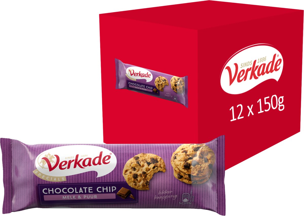 Verkade - cookie - chocolat noir au lait aux pépites de chocolat - 12 x 150 grammes