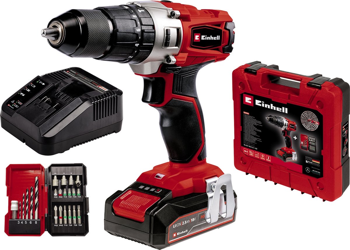 Tournevis sans fil Einhell te-cd 18 2 li-i kit - power x-change - 18 v li-ion - avec fonction impact - 2 vitesses - 44 nm - incl. 1 batterie et chargeur 2,5 Ah, étui et jeu d'accessoires de 22 pièces