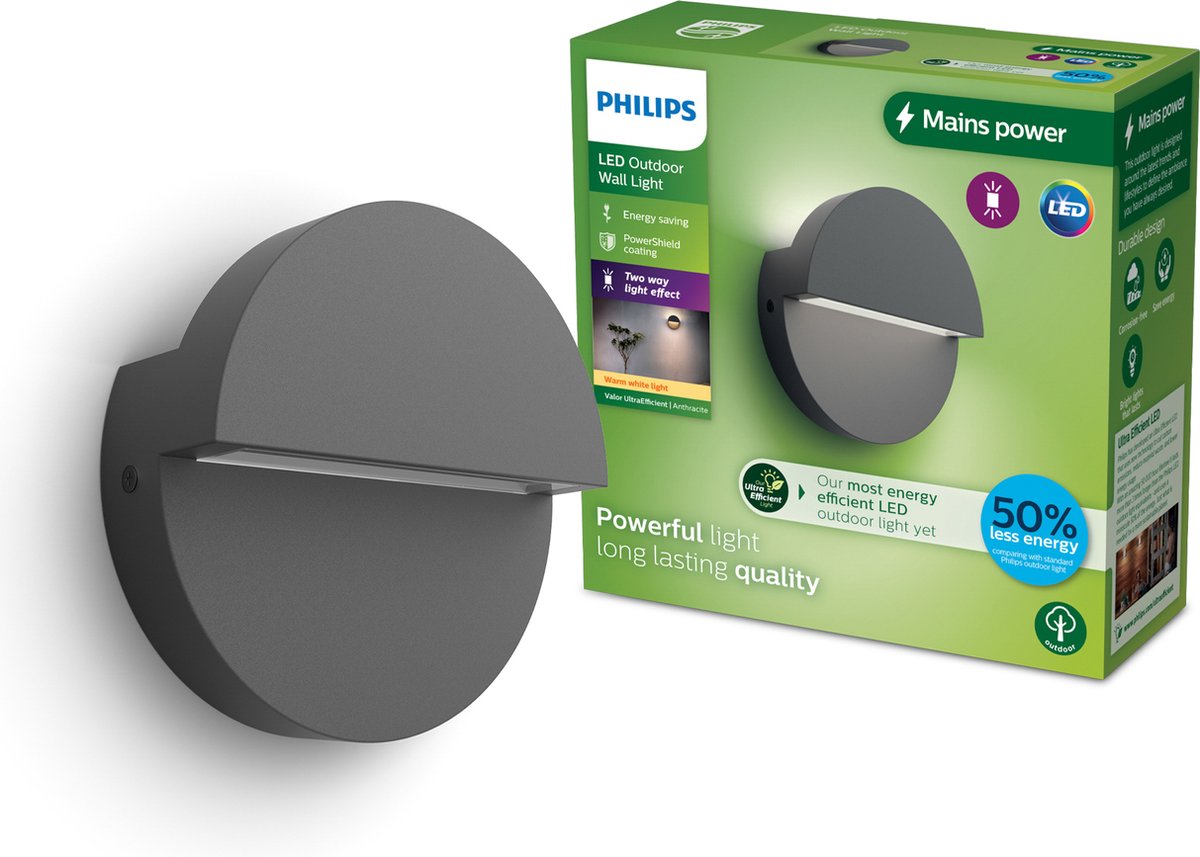 Philips LED Applique Philips Valor - LED ultra efficace - lampe d'extérieur - brille dans deux directions - 2x 4,3W - lumière blanc chaud ; 2700k - anthracite