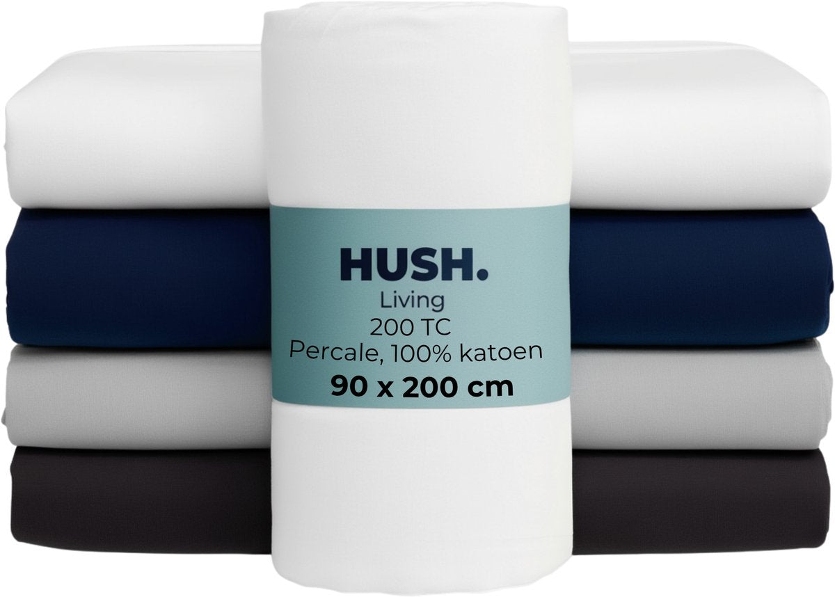 Faire taire. Living Hush Living Drap-housse en percale - 100 % coton - 200 fils - extra frais et frais - solide et durable - élastique tout autour - 90x200+30 cm - blanc