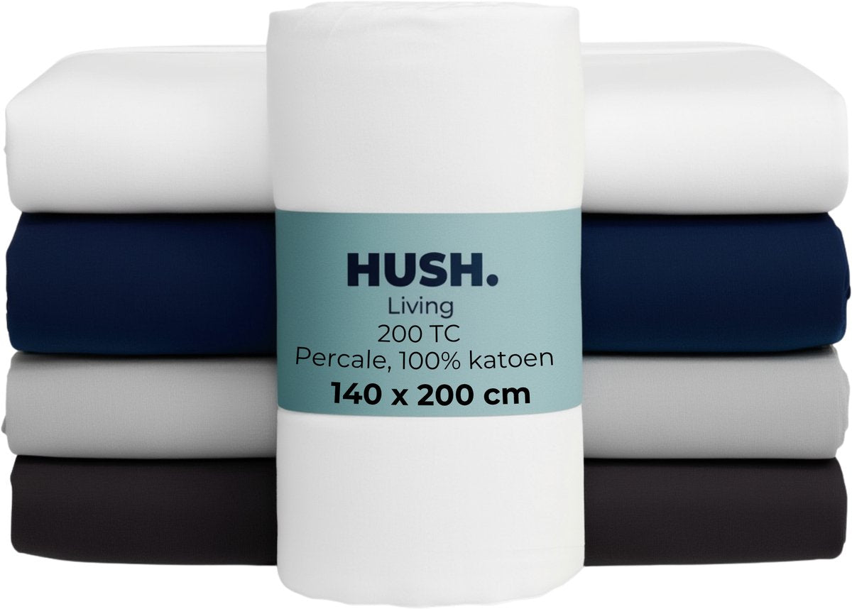 Faire taire. Living Hush Living Drap-housse en percale - 100 % coton - 200 fils - extra frais et frais - solide et durable - élastique tout autour - 140x200+30 cm - blanc