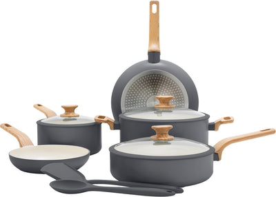 Greenpan essence set de poêles 10 pièces - 18 20 24 26 cm - revêtement antiadhésif sans PFA - set de poêles à induction - poêle en céramique - passe au four jusqu'à 160°c - poignées effet bois - poignées froides - avec couvercle en verre - gris