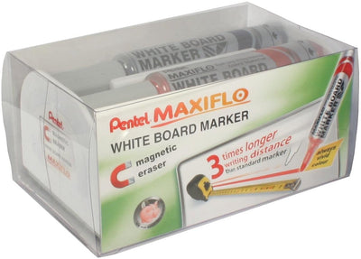 Pentel marqueur pour tableau blanc maxiflo lot de 4 : bleu | rouge | vert et noir + gomme magnétique pour tableau blanc