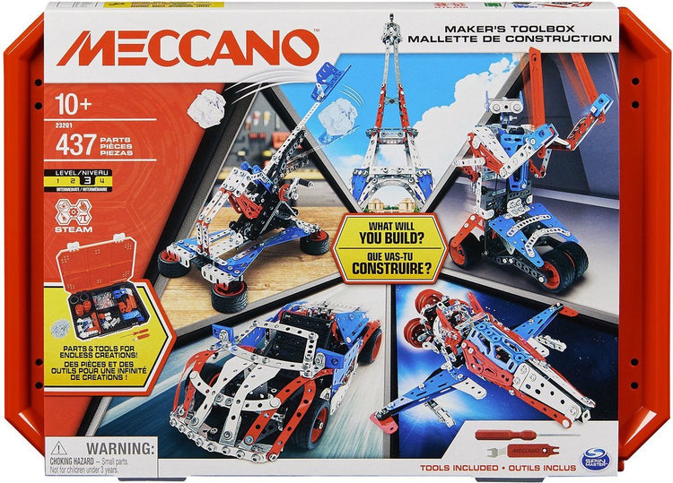 Bandai - Mallette de construction Meccano - Kit de construction 5 en 1 véhicules, robot, Tour Eiffel - 437 pièces, outils, instructions - set d'activités de montage - jouets pour enfants de 10 ans et plus -apm20106