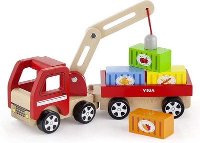 Viga toys camion grue en bois avec accessoires 29 cm rouge