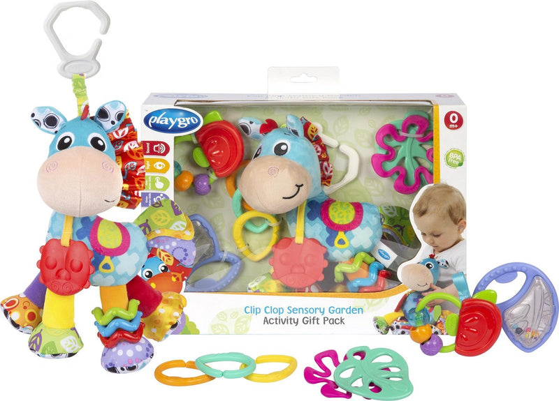 Playgro coffret cadeau clip clop cheval - cadeau maternité - coffret cadeau - jouets suspendus - 3 brosses de dentition - 3 anneaux liés