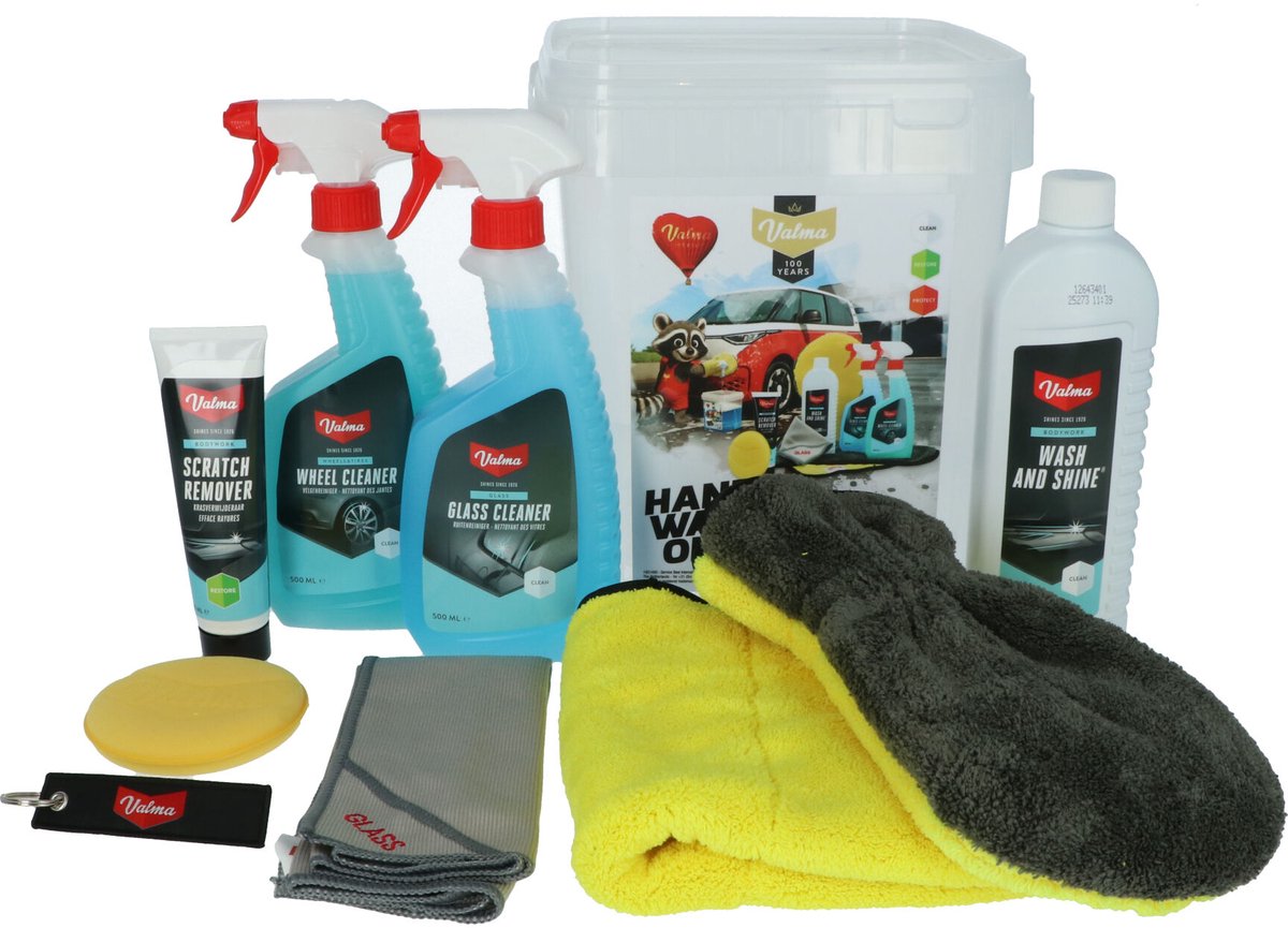 Seau de nettoyage Valma - 8 pièces - Wash Shine - Dissolvant de rayures - Nettoyant pour jantes - Nettoyant pour vitres - Gant de lavage - Chiffon pour verre - Tampon applicateur - Chiffon de finition en microfibre