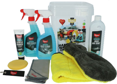 Seau de nettoyage Valma - 8 pièces - Wash Shine - Dissolvant de rayures - Nettoyant pour jantes - Nettoyant pour vitres - Gant de lavage - Chiffon pour verre - Tampon applicateur - Chiffon de finition en microfibre