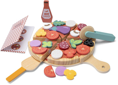 Woet ® set de jeu de pizza en bois - kit complet pour fabriquer votre propre pizza avec plus de 30 accessoires - garnitures avec velcro, outils de coupe, sauce piquante et menu - jouets de cuisine de jeu de rôle - nourriture jouet - à partir de 2 ans