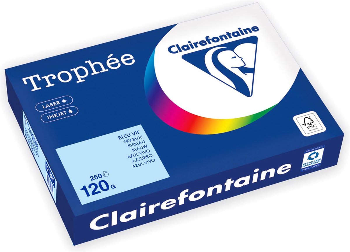 Clairefontaine trophée pastel, papier coloré, a4, 120 g, 250 feuilles, bleu