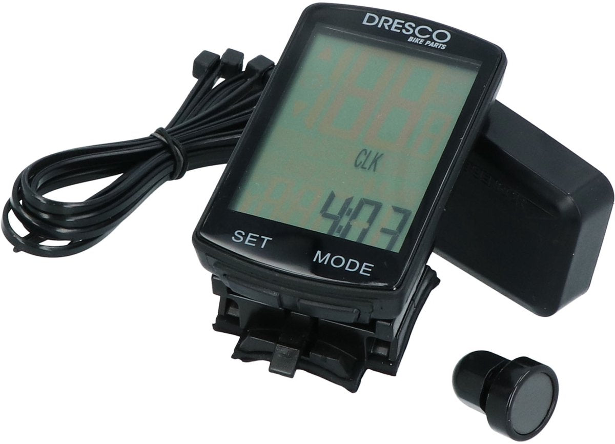 Ordinateur de vélo sans fil Dresco - 19 fonctions - écran clair - éclairage de fond - piles incluses - dimensions 71x41x14,6 mm