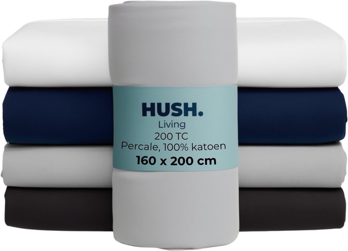 Faire taire. Living Hush Living Drap-housse en percale - 100 % coton - 200 fils - extra frais et frais - solide et durable - élastique tout autour - 160x200+30cm - gris clair