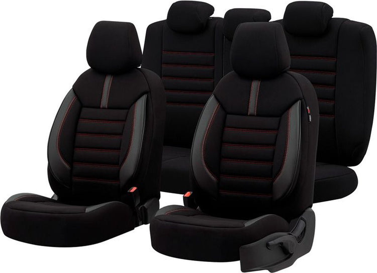 Ensemble de housses de siège universelles en tissu et cuir Otom 'limité' noir + coutures rouges - 11 pièces - adapté aux airbags latéraux