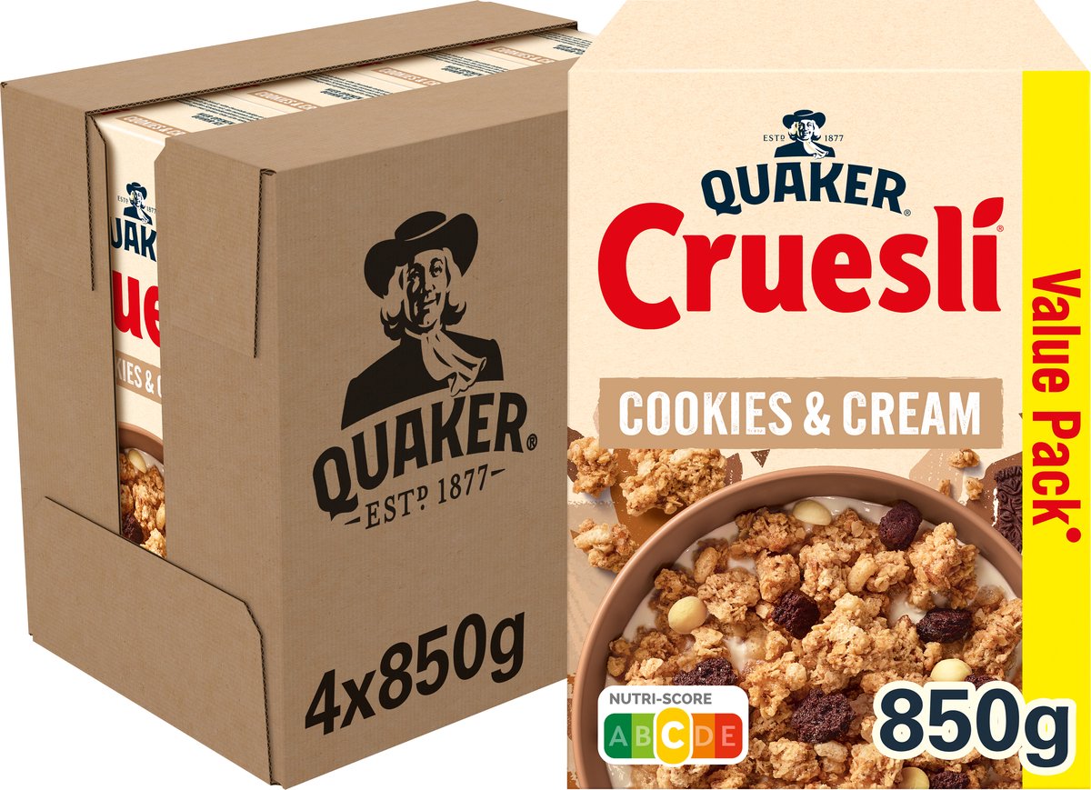 Quaker Cruesli Cookies Cream - Céréales pour petit déjeuner - 4 x 850 grammes