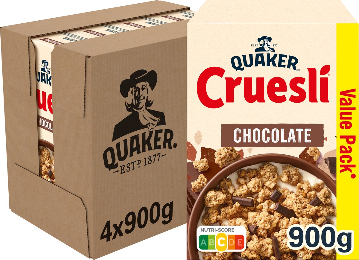 Chocolat Quaker Cruesli - céréales pour petit déjeuner - 4 x 900 grammes