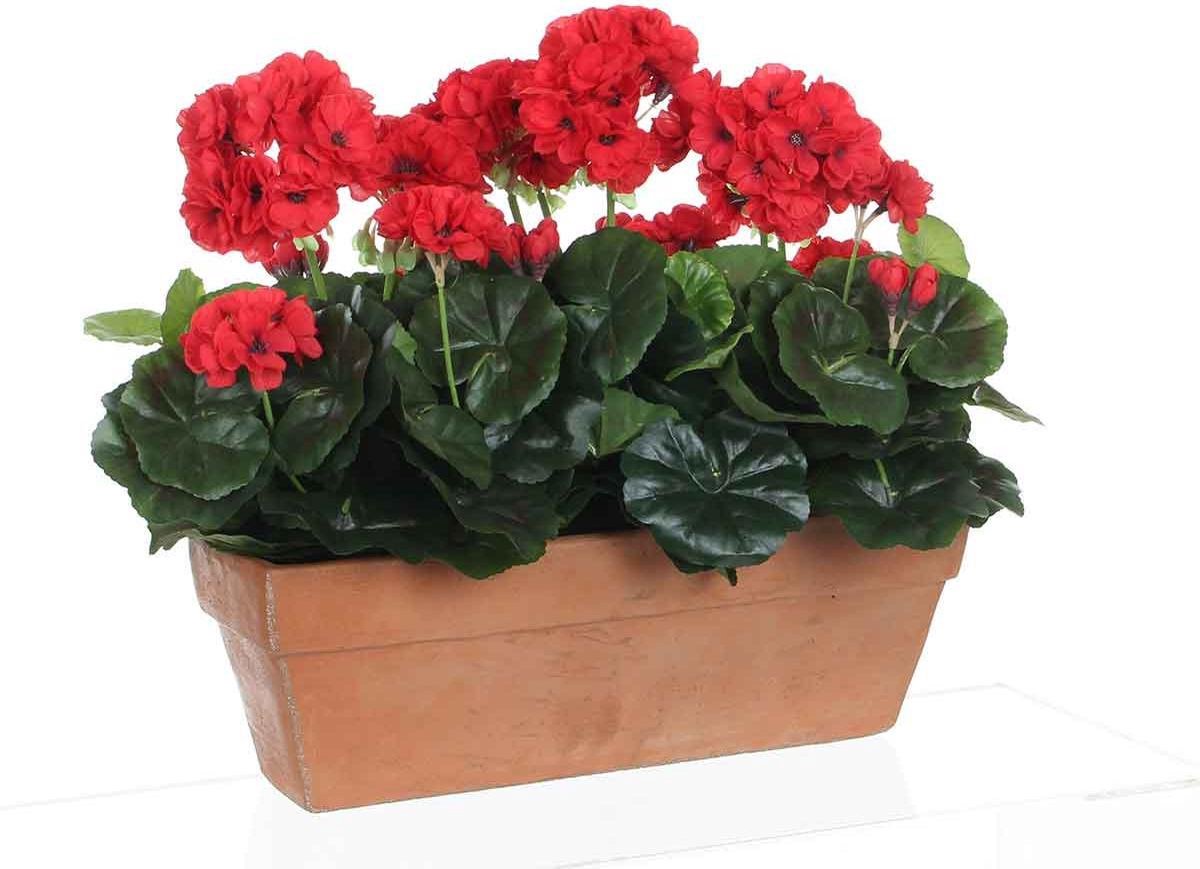 Mica decorations plante artificielle géranium rouge - h 40cm - pot décoratif sable ciment -