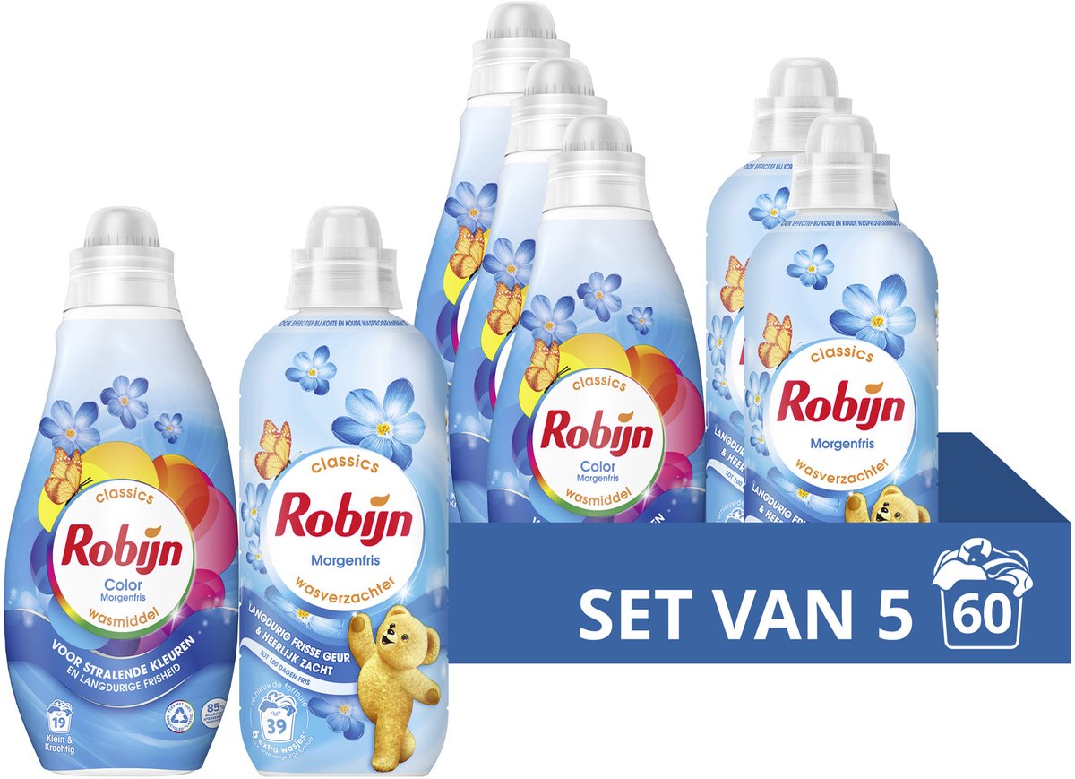 Ensemble de lessive et d'assouplissant Robijn Perfect Match - Fraîcheur du matin - 5 pièces - (60 lavages) - Pack économique