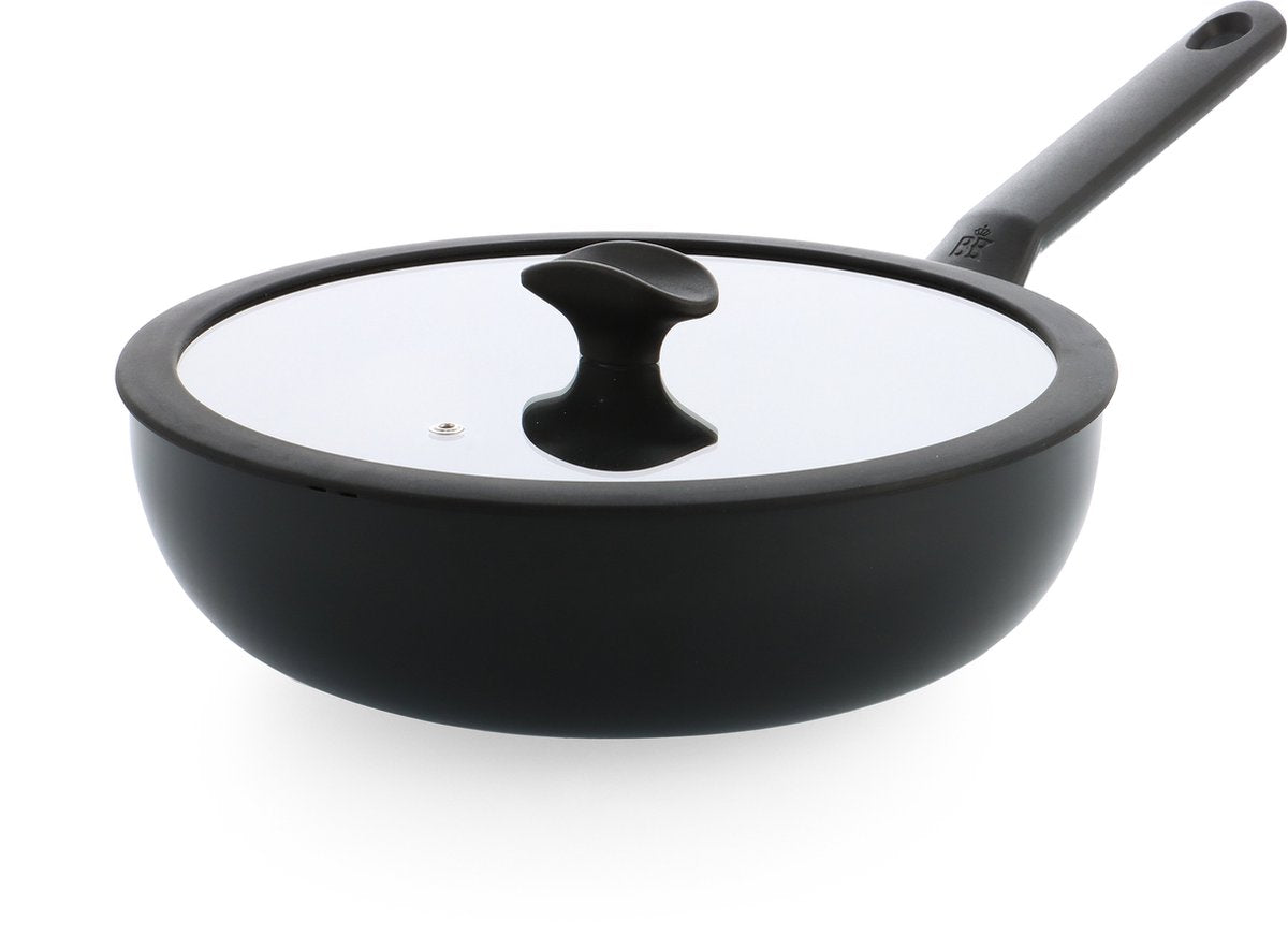 Poêle wok Bk Enjoy 28 cm - 4,2 l - revêtement antiadhésif sans PFA - poêle wok induction - poêle en céramique - passe au four jusqu'à 160°c - poignées froides - avec couvercle en verre - noir