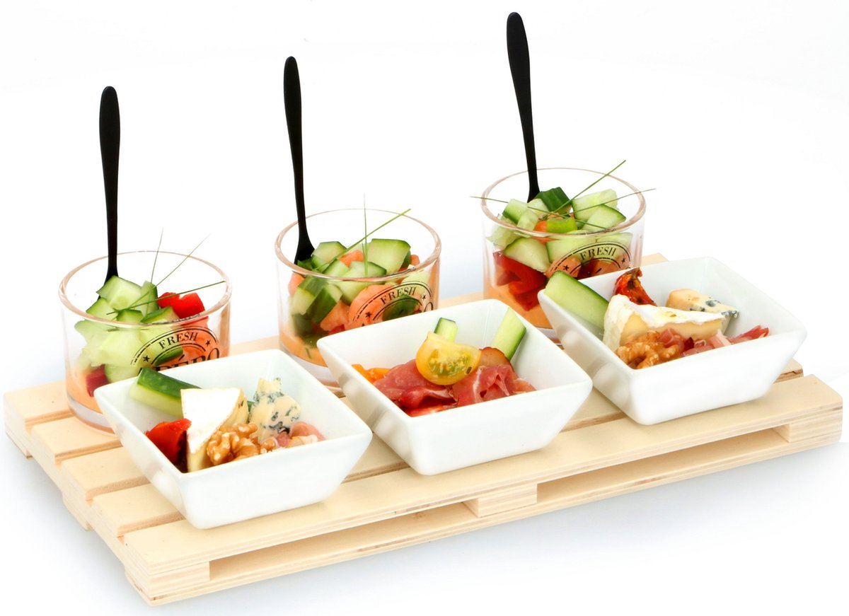 Alpina kitchen home ensemble d'apéritif alpina - 1 plateau - mini palette - 3 verres 3 récipients 3 cuillères - pour collations et amuse-gueules