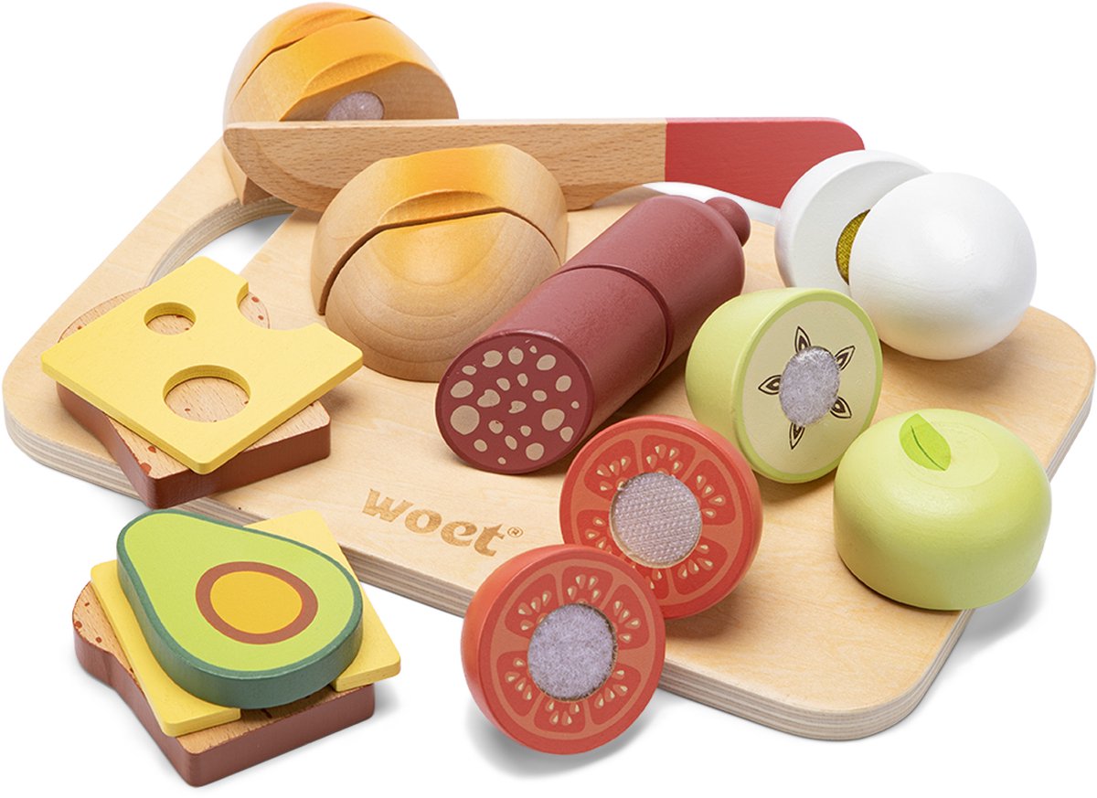 Woet ® set de découpe en bois petit-déjeuner - set de jeu avec planche à découper avec pain, avocat, fromage, œuf et fruit - nourriture jouet éducatif - jouets de cuisine de jeu de rôle - à partir de 2 ans