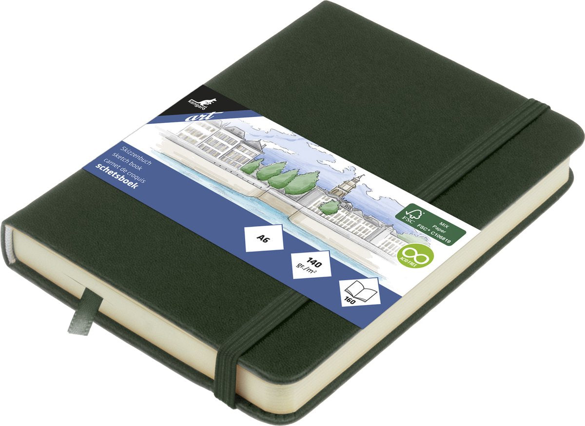 Carnet de croquis Kangaro - a6 - vert forêt - couverture rigide en pu - avec élastique et ruban de lecture - k-861218