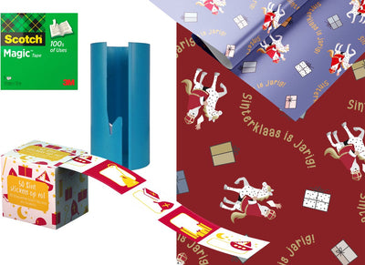 Paquet d'emballage Haza Sinterklaas - 4 rouleaux de papier d'emballage - ruban adhésif - boîte d'étiquettes autocollantes - avec coupe-papier