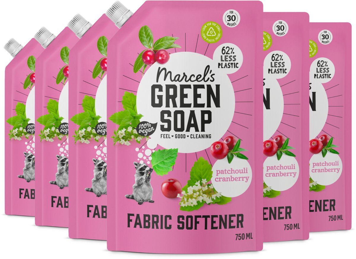 Recharge assouplissant savon vert Marcel's - patchouli canneberge - 6 x 750 ml - 180 lavages