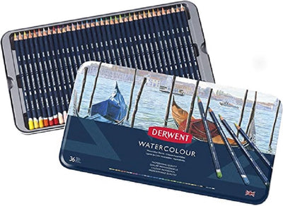 Crayons aquarelle Derwent dans une boîte métallique - lot de 36 crayons aquarelle - assortis