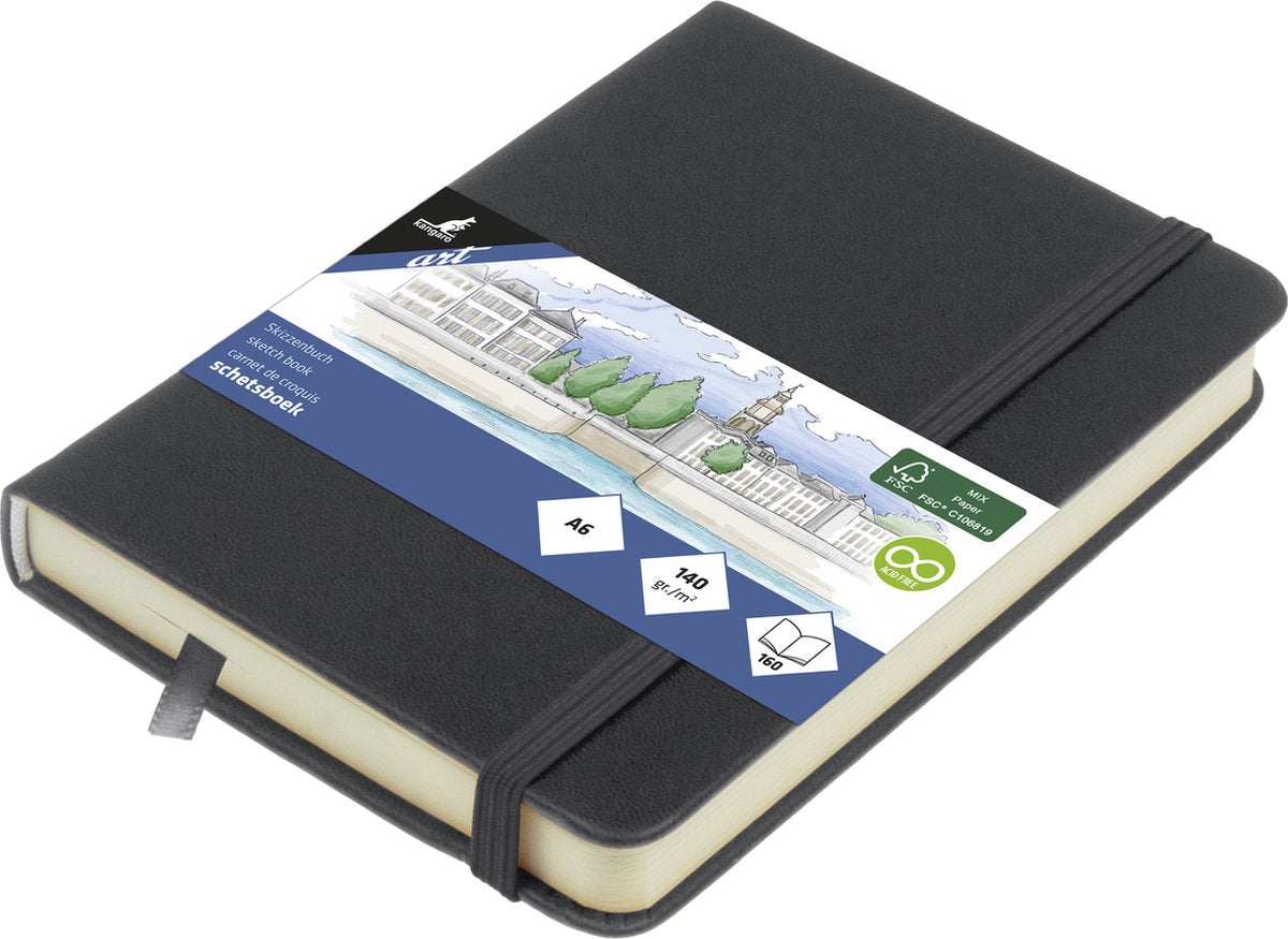 Carnet de croquis Kangaro - a6 - gris froid - couverture rigide en pu - avec élastique et ruban de lecture - k-861215