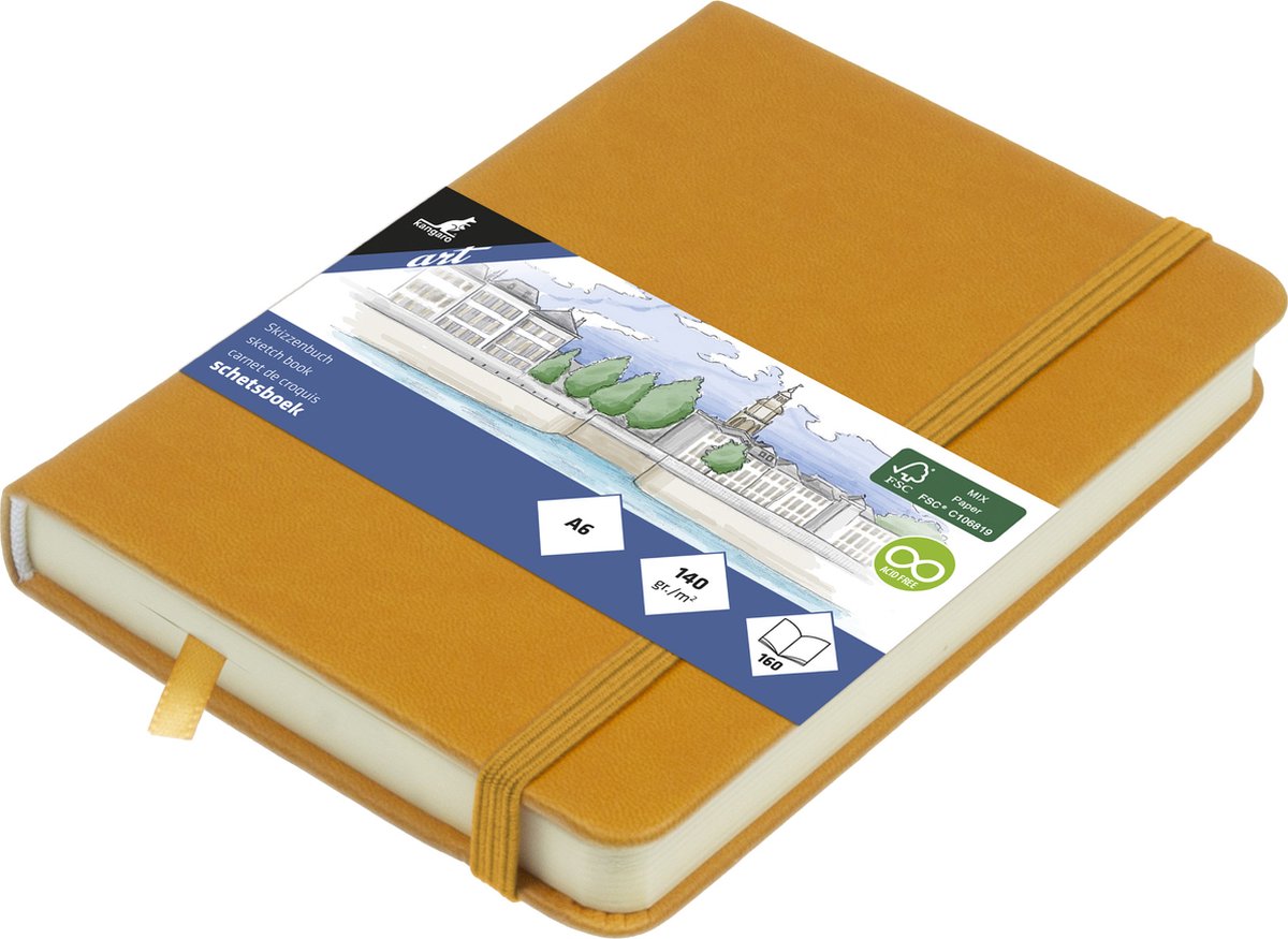 Carnet de croquis Kangaro - a6 - jaune ocre - couverture rigide en pu - avec élastique et ruban - k-861211