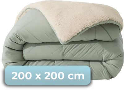 Faire taire. living hush living - couette lavable design bicolore teddy vert sauge - 200x200 cm - 300 g/m² - avec taies d'oreiller assorties