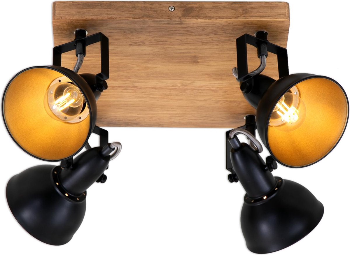 Briloner style bois - plafonnier - spots orientables - 4 lumières E14 - matière : bois et métal - couleur : noir et or