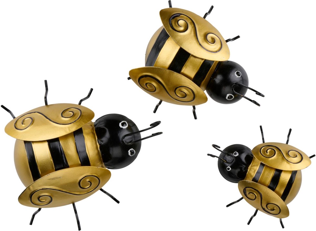Arti casa décoration murale abeilles set 3 pièces - décoration murale pour intérieur et extérieur - décoration murale abeilles en 3 tailles - 14, 11,5 et 9 cm - or et noir