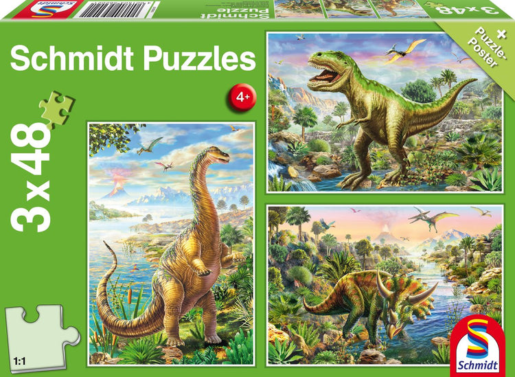 Schmidt - puzzle - aventures avec les dinosaures - 3 x 48 pièces - enfants - à partir de 4 ans