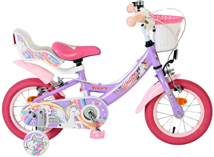 Vélo enfant Volare licorne - filles - 12 pouces - violet - deux freins à main