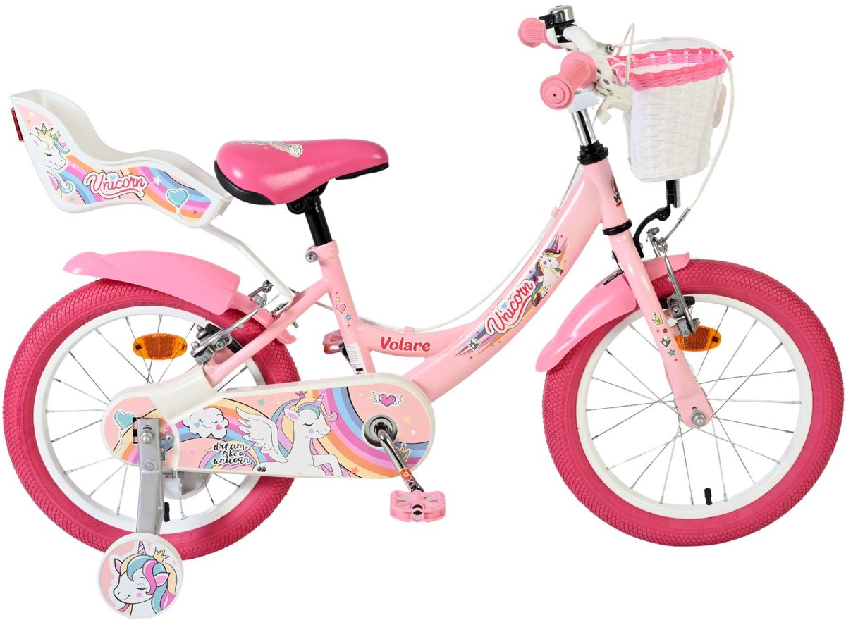 Vélo enfant Volare licorne - filles - 16 pouces - rose - deux freins à main