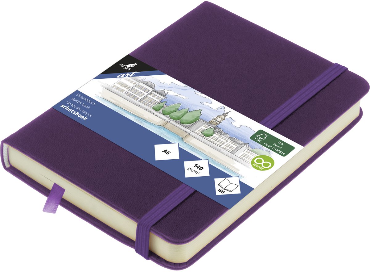 Carnet de croquis Kangaro - a6 - coeur violet - avec élastique et ruban - k-861272