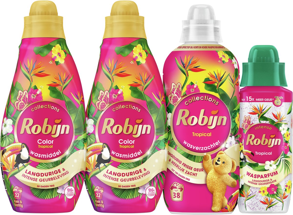 Robijn perfect match - tropical - 4 pièces - 2x détergent + 1 assouplissant + 1 parfum de lessive - pack économique